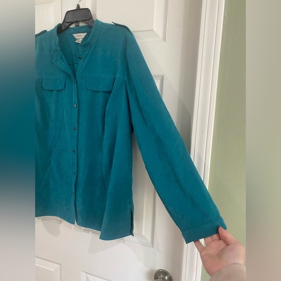 CJ Banks Button Up Faux Suede Shirt Womens 1X Teal Long Sleeve Plus Western - Picture 3 of 14